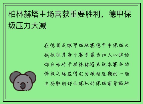 柏林赫塔主场喜获重要胜利，德甲保级压力大减