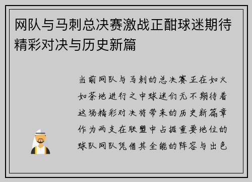 网队与马刺总决赛激战正酣球迷期待精彩对决与历史新篇